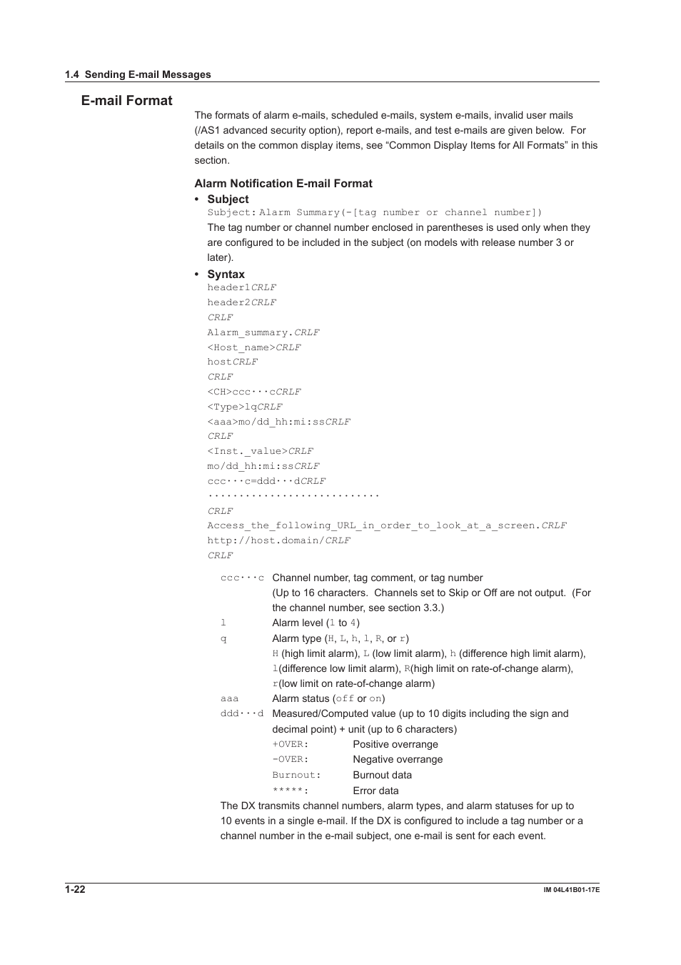 E-mail format | Yokogawa Removable Chassis DX1000N User Manual | Page 30 / 261