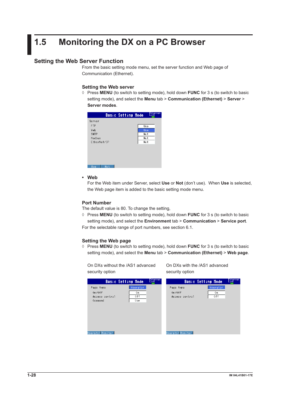 5 monitoring the dx on a pc browser, 5 monitoring the dx on a pc browser -28, Setting the web server function | Yokogawa Removable Chassis DX1000N User Manual | Page 36 / 261