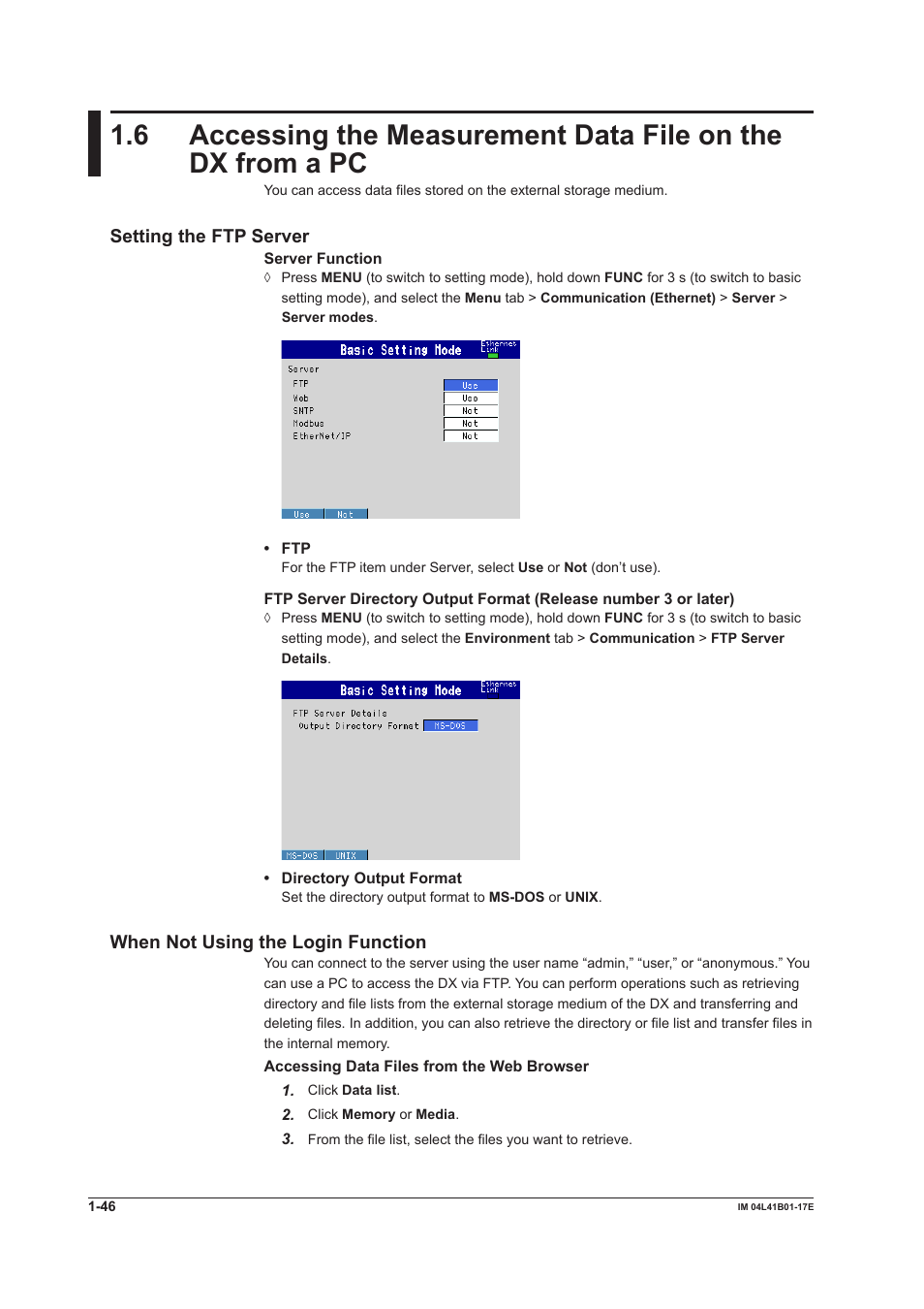 Setting the ftp server, When not using the login function | Yokogawa Removable Chassis DX1000N User Manual | Page 54 / 261