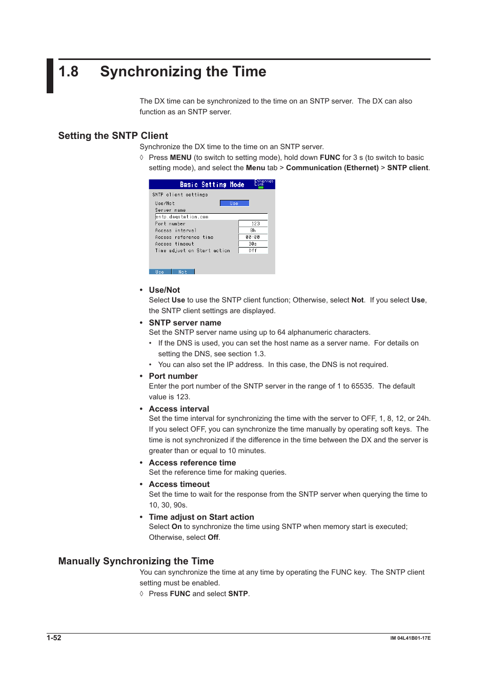 8 synchronizing the time, 8 synchronizing the time -52, Setting the sntp client | Manually synchronizing the time | Yokogawa Removable Chassis DX1000N User Manual | Page 60 / 261