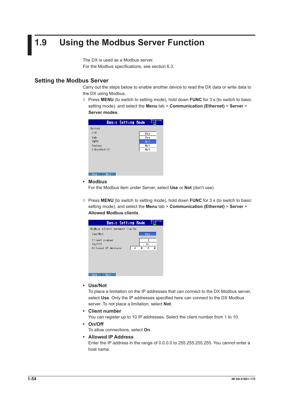 9 using the modbus server function, 9 using the modbus server function -54, Setting the modbus server | Yokogawa Removable Chassis DX1000N User Manual | Page 62 / 261