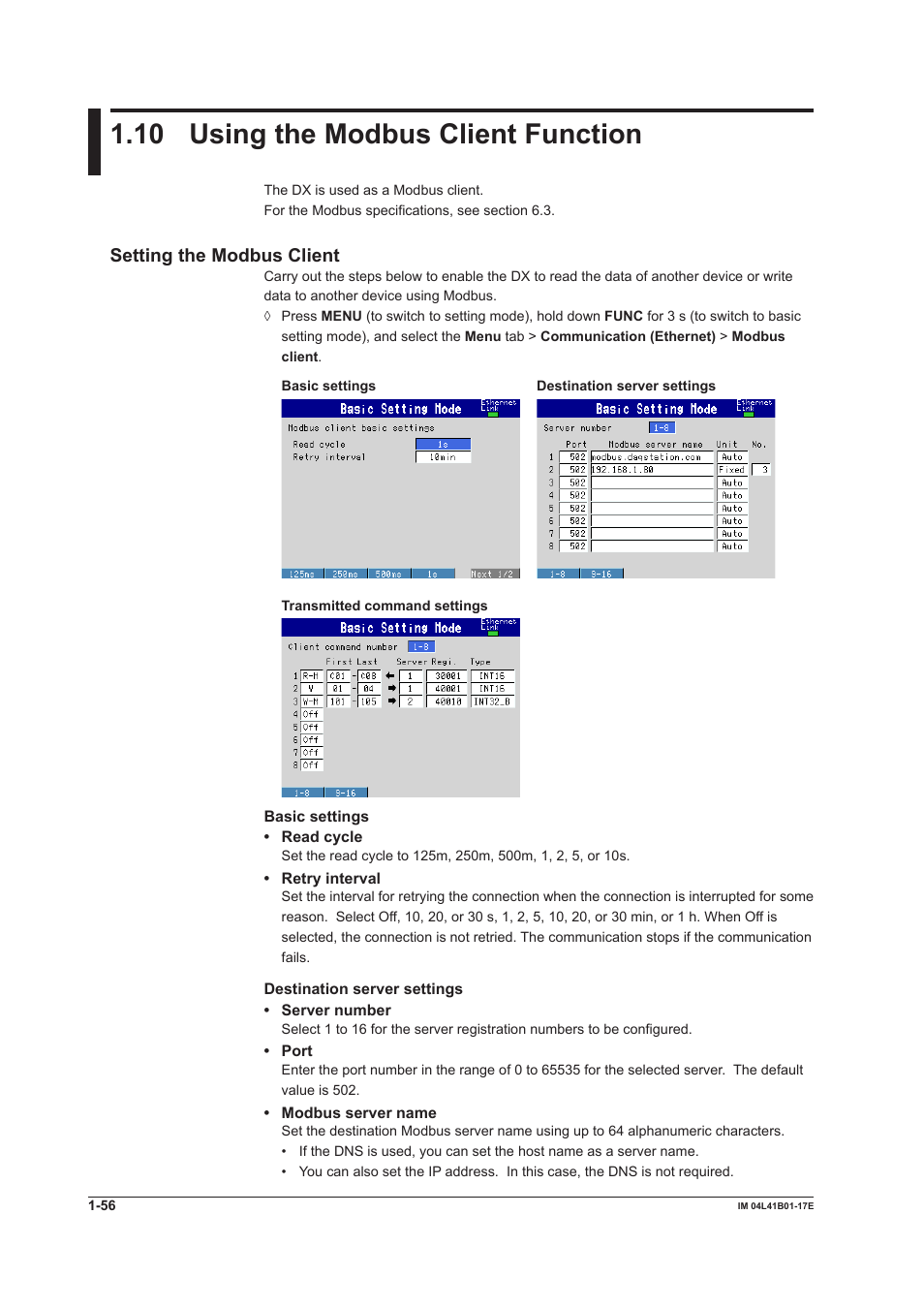 10 using the modbus client function, 10 using the modbus client function -56, Setting the modbus client | Yokogawa Removable Chassis DX1000N User Manual | Page 64 / 261