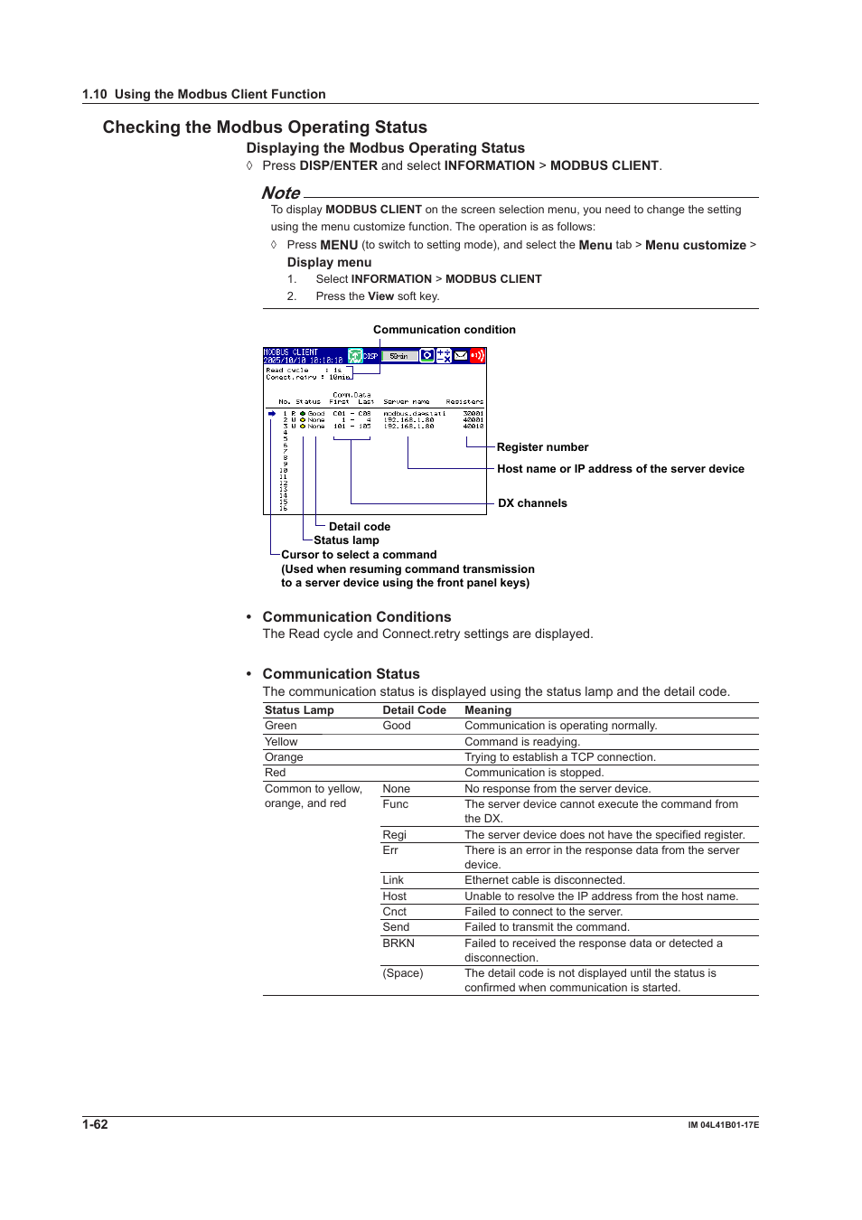 Checking the modbus operating status | Yokogawa Removable Chassis DX1000N User Manual | Page 70 / 261