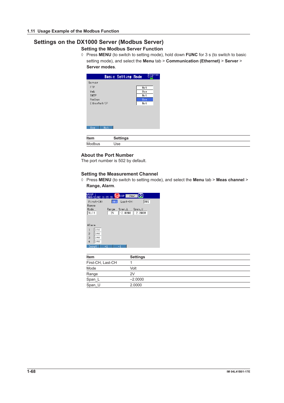 Settings on the dx1000 server (modbus server) | Yokogawa Removable Chassis DX1000N User Manual | Page 76 / 261