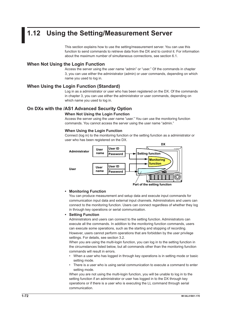 12 using the setting/measurement server, 12 using the setting/measurement server -72, When not using the login function | When using the login function (standard), On dxs with the /as1 advanced security option | Yokogawa Removable Chassis DX1000N User Manual | Page 80 / 261