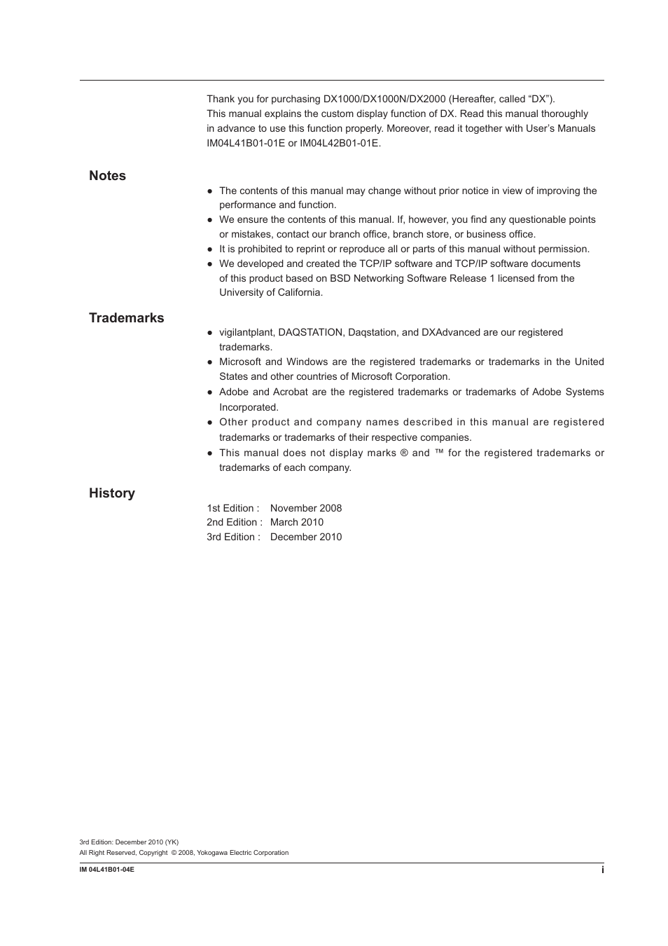 Trademarks, History | Yokogawa Removable Chassis DX1000N User Manual | Page 2 / 112