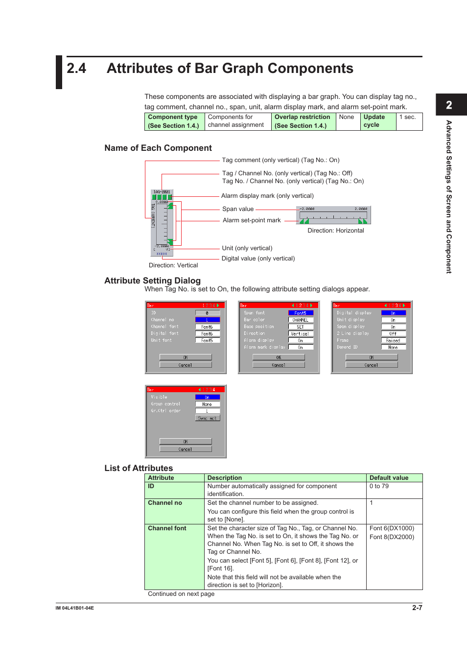 4 attributes of bar graph components, Attributes of bar graph components -7, App index | Yokogawa Removable Chassis DX1000N User Manual | Page 37 / 112