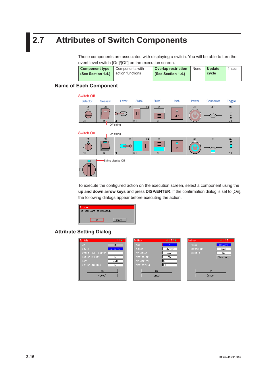 7 attributes of switch components, Attributes of switch components -16, Name of each component | Attribute setting dialog | Yokogawa Removable Chassis DX1000N User Manual | Page 46 / 112