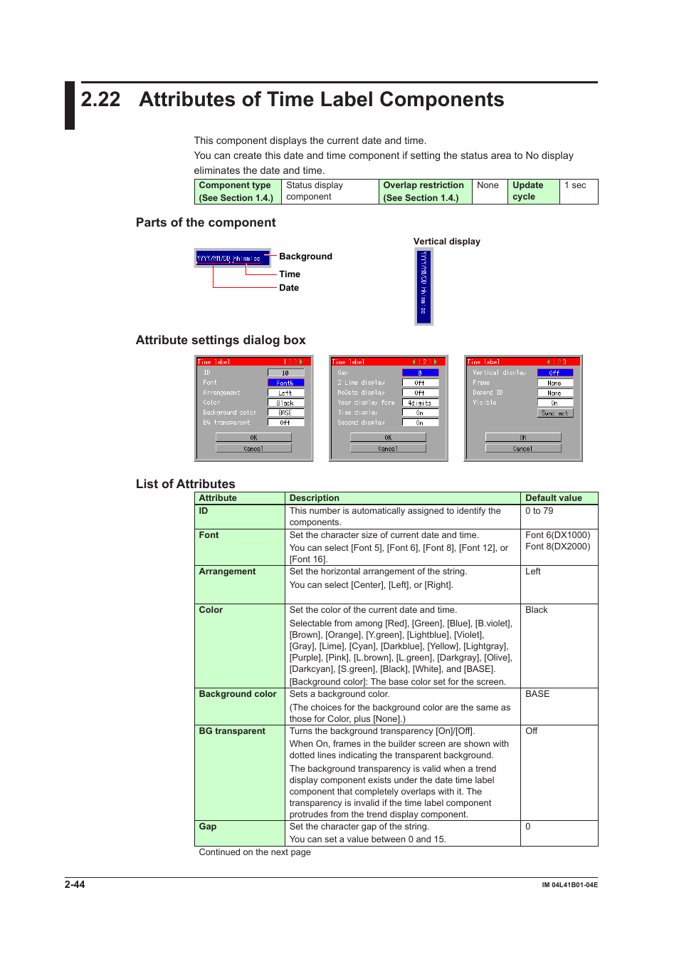 22 attributes of time label components, Attributes of time label components -44, Parts of the component | Attribute settings dialog box, List of attributes | Yokogawa Removable Chassis DX1000N User Manual | Page 74 / 112