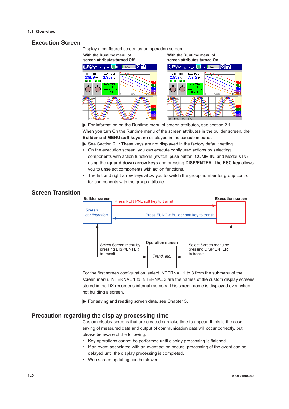 Execution screen, Screen transition, Precaution regarding the display processing time | Yokogawa Removable Chassis DX1000N User Manual | Page 8 / 112