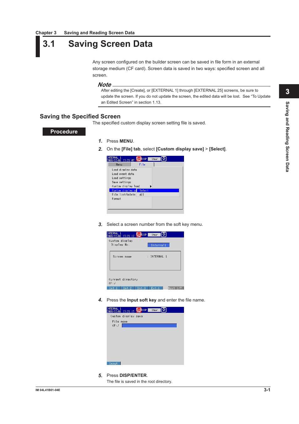 Chapter 3 saving and reading screen data, 1 saving screen data, Saving screen data -1 | App index, Saving the specified screen | Yokogawa Removable Chassis DX1000N User Manual | Page 92 / 112
