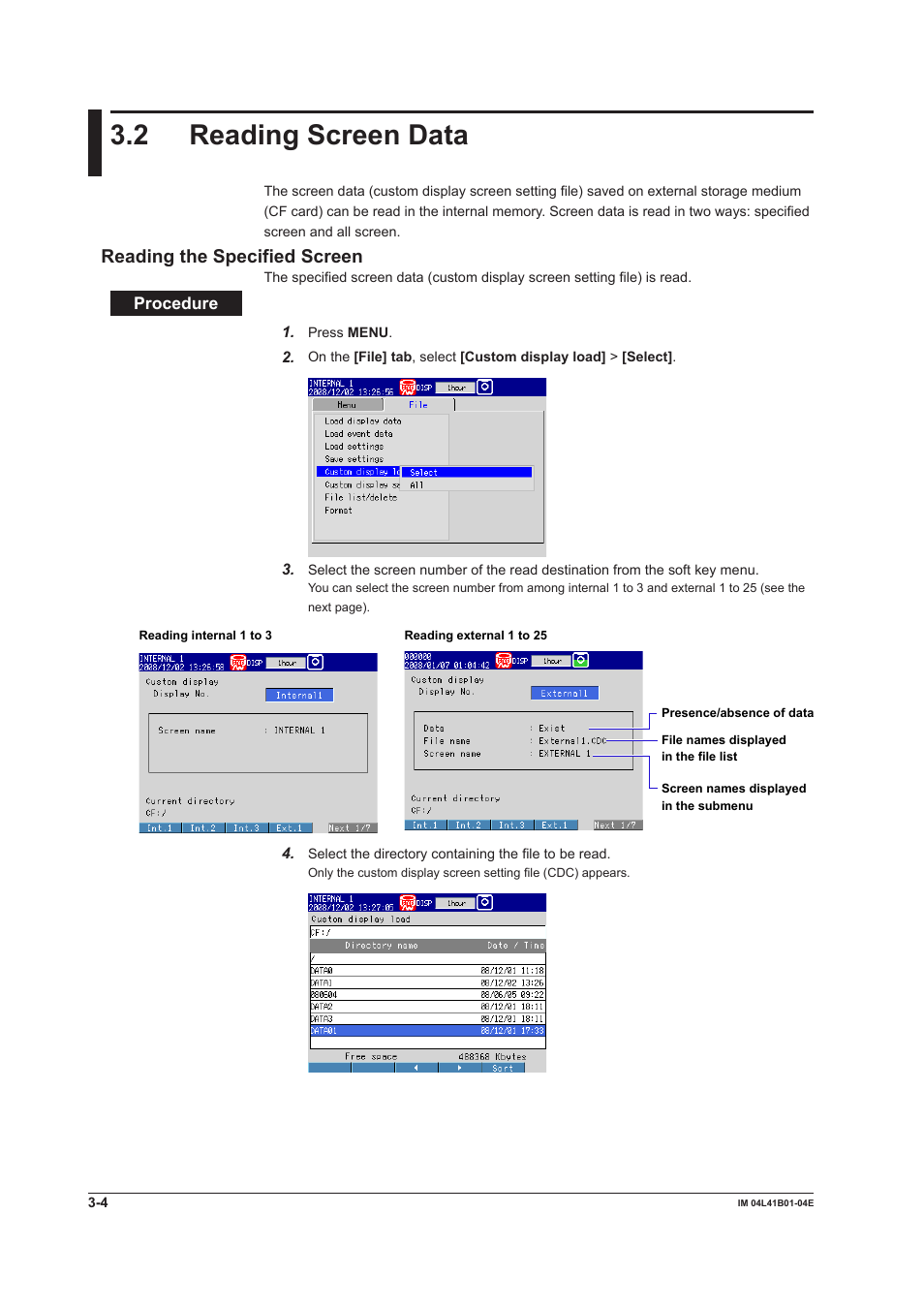 2 reading screen data, Reading screen data -4, Reading the specified screen | Yokogawa Removable Chassis DX1000N User Manual | Page 95 / 112