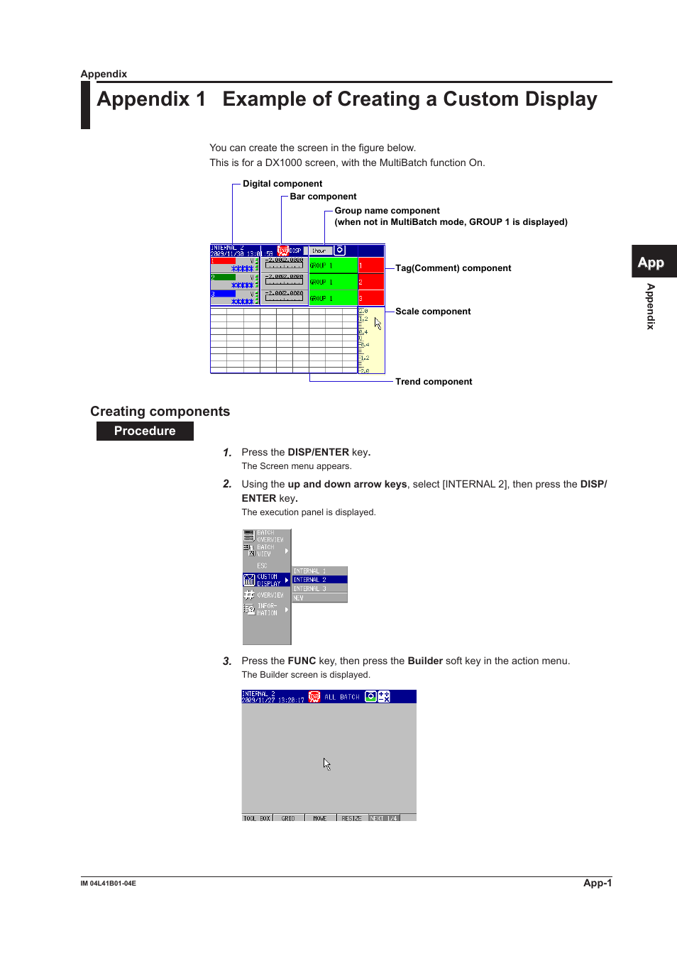 Appendix, Appendix 1 example of creating a custom display, App index | Creating components | Yokogawa Removable Chassis DX1000N User Manual | Page 98 / 112