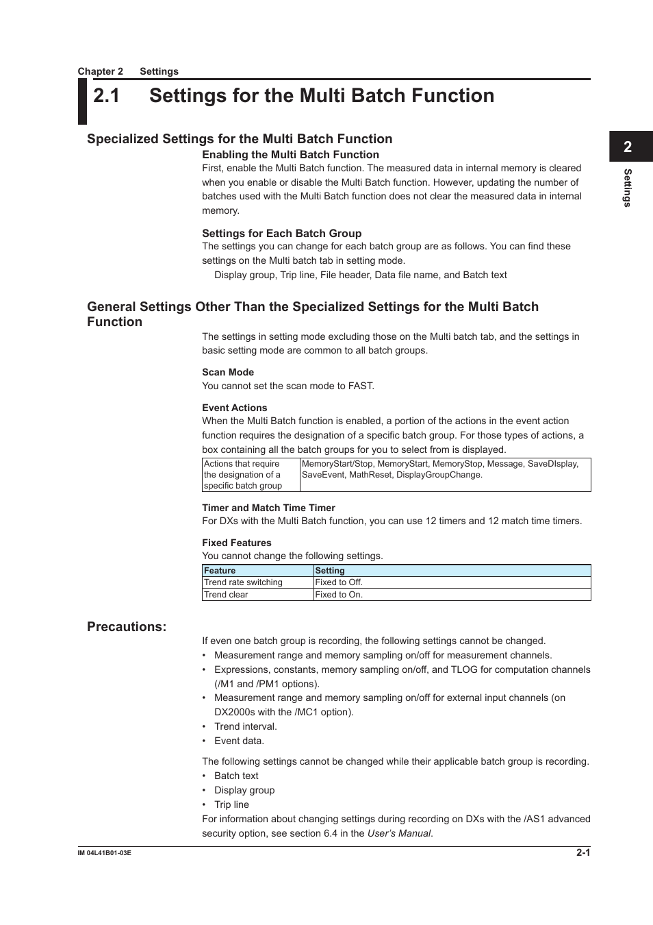 Chapter 2 settings, 1 settings for the multi batch function, Specialized settings for the multi batch function | Precautions, 1 settings for the multi batch function -1, Index | Yokogawa Removable Chassis DX1000N User Manual | Page 16 / 41