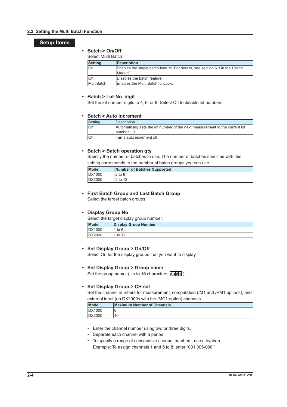 Setup items | Yokogawa Removable Chassis DX1000N User Manual | Page 19 / 41