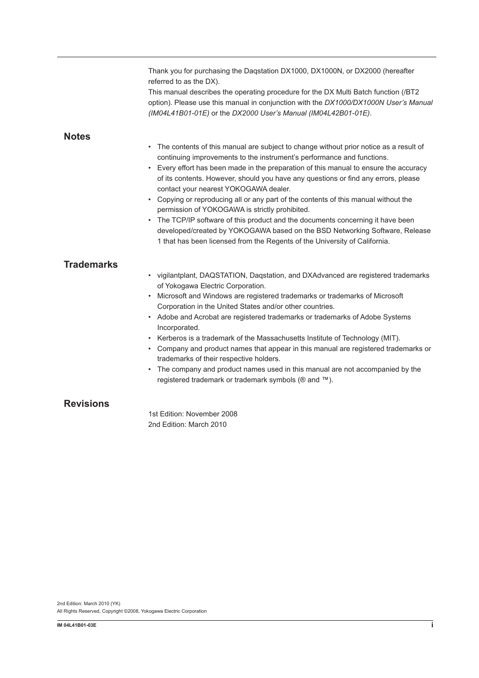 Trademarks, Revisions | Yokogawa Removable Chassis DX1000N User Manual | Page 2 / 41