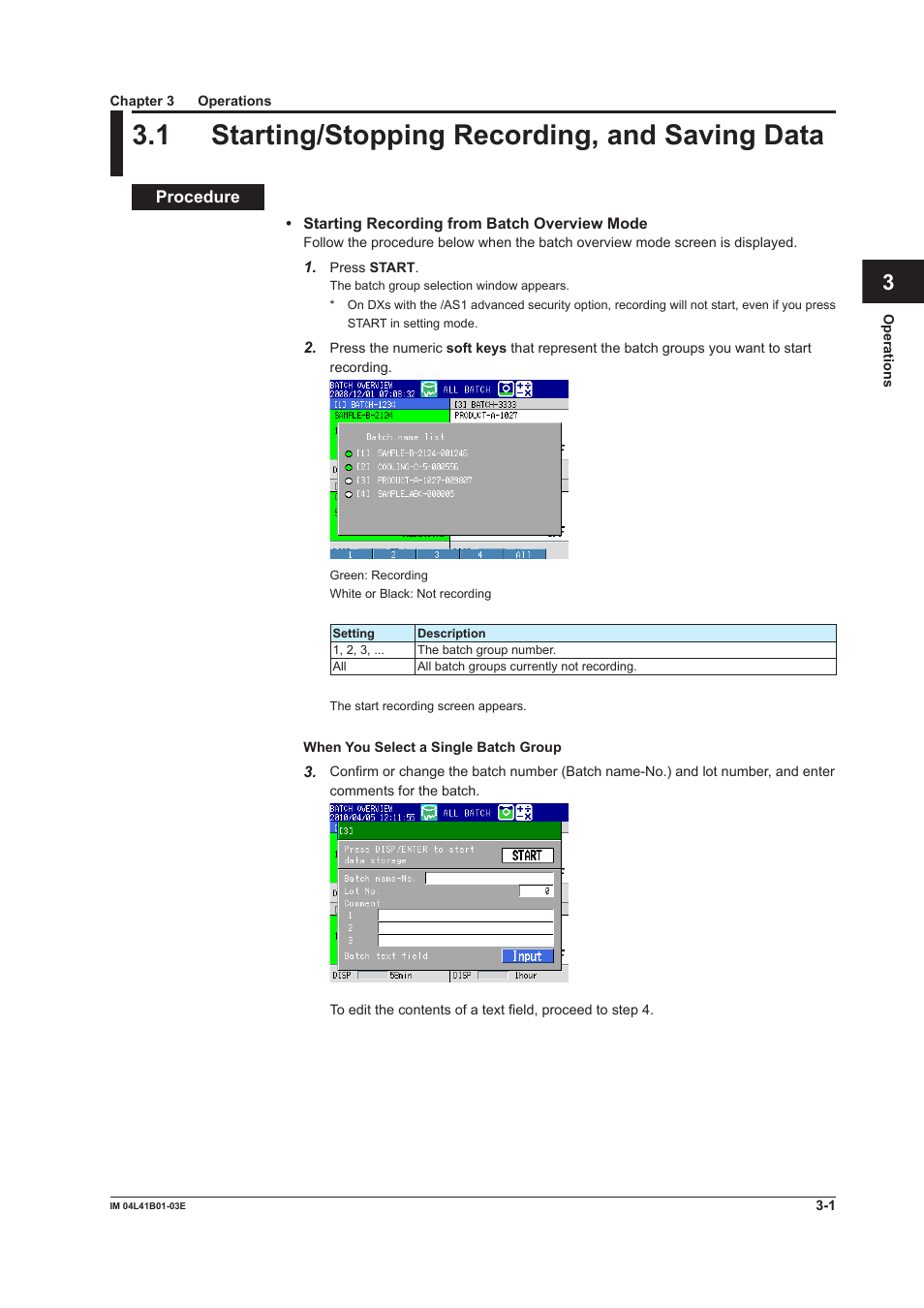 Chapter 3 operations, 1 starting/stopping recording, and saving data, 1 starting/stopping recording, and saving data -1 | Index | Yokogawa Removable Chassis DX1000N User Manual | Page 22 / 41