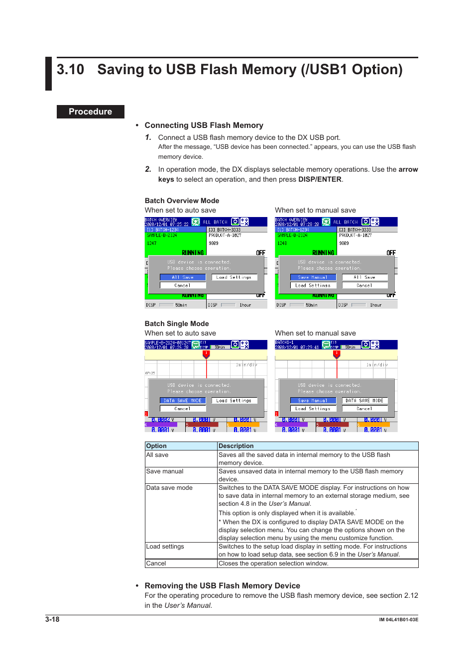 10 saving to usb flash memory (/usb1 option), 10 saving to usb flash memory (/usb1 option) -18, Procedure | Yokogawa Removable Chassis DX1000N User Manual | Page 39 / 41