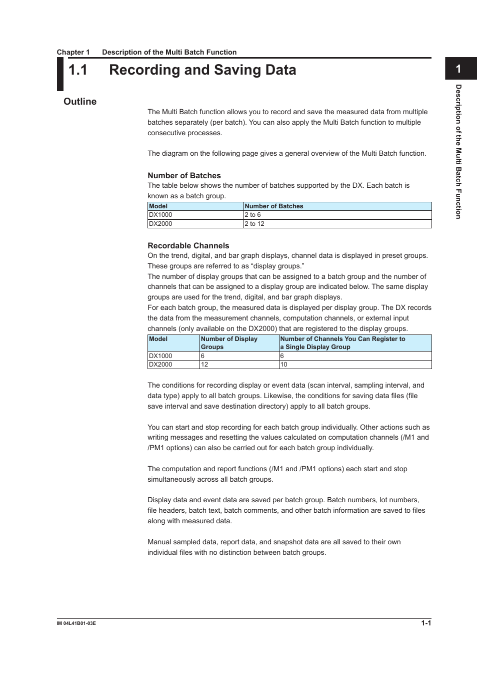 Chapter 1 description of the multi batch function, 1 recording and saving data, Outline | 1 recording and saving data -1, Outline -1, Index | Yokogawa Removable Chassis DX1000N User Manual | Page 6 / 41