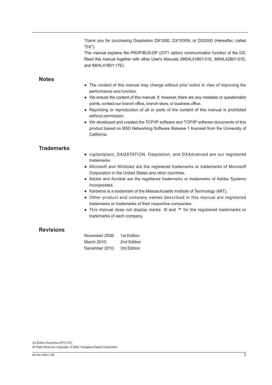 Trademarks, Revisions | Yokogawa Removable Chassis DX1000N User Manual | Page 2 / 25