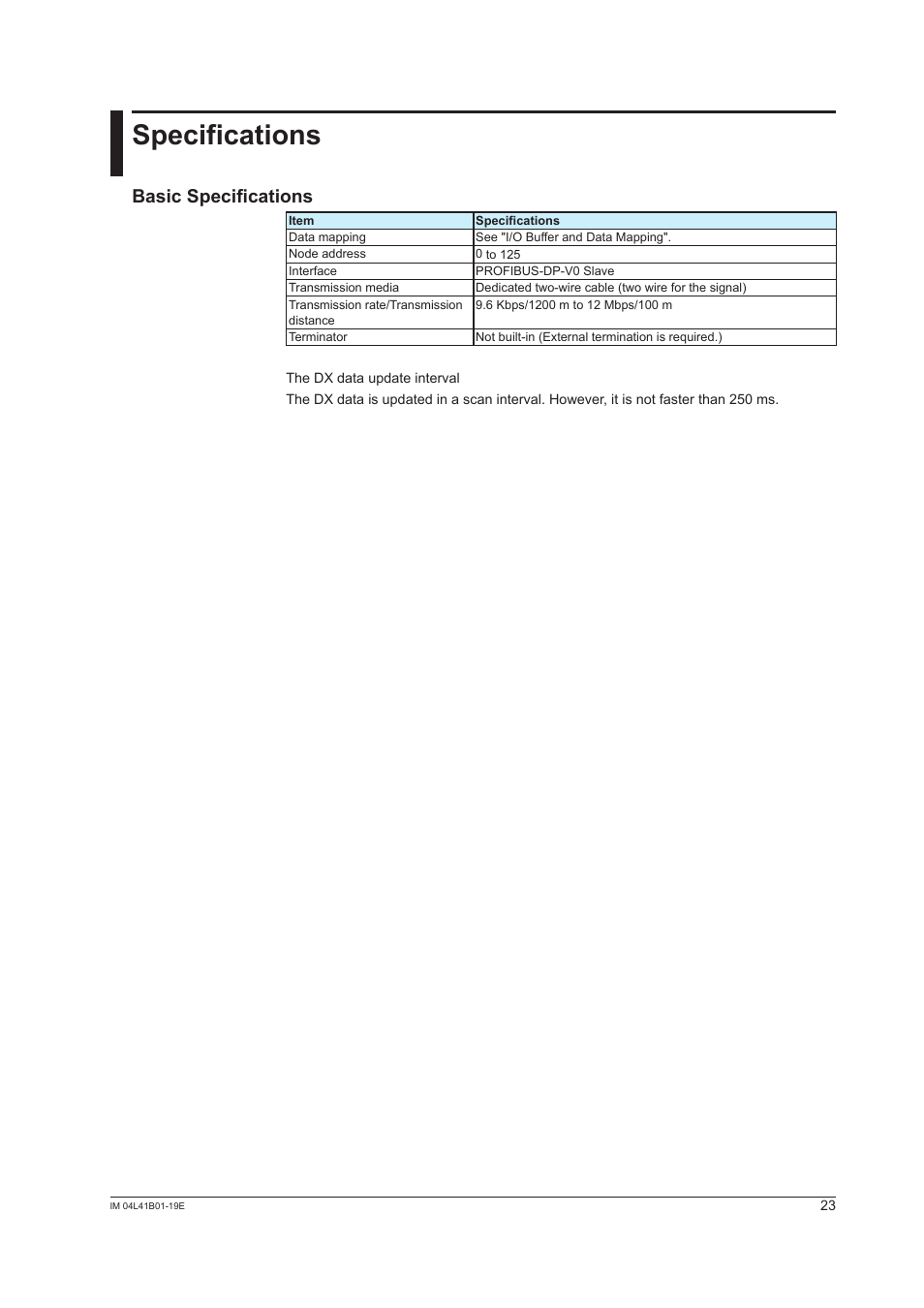 Specifications, Basic specifications | Yokogawa Removable Chassis DX1000N User Manual | Page 24 / 25