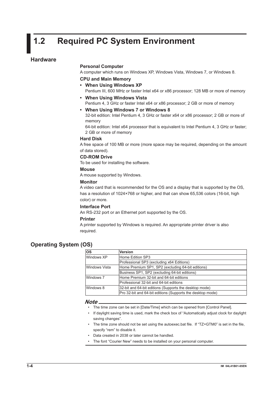 2 required pc system environment, 2 required pc system environment -4, Hardware | Operating system (os) | Yokogawa Data Acquisition with PID Control CX2000 User Manual | Page 12 / 55