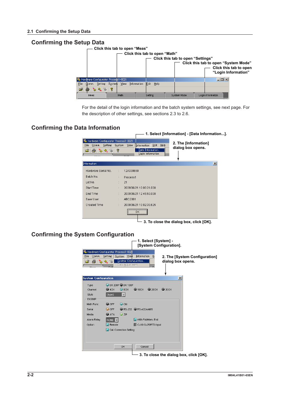 Confirming the setup data, Confirming the data information, Confirming the system configuration | Yokogawa Data Acquisition with PID Control CX2000 User Manual | Page 14 / 55