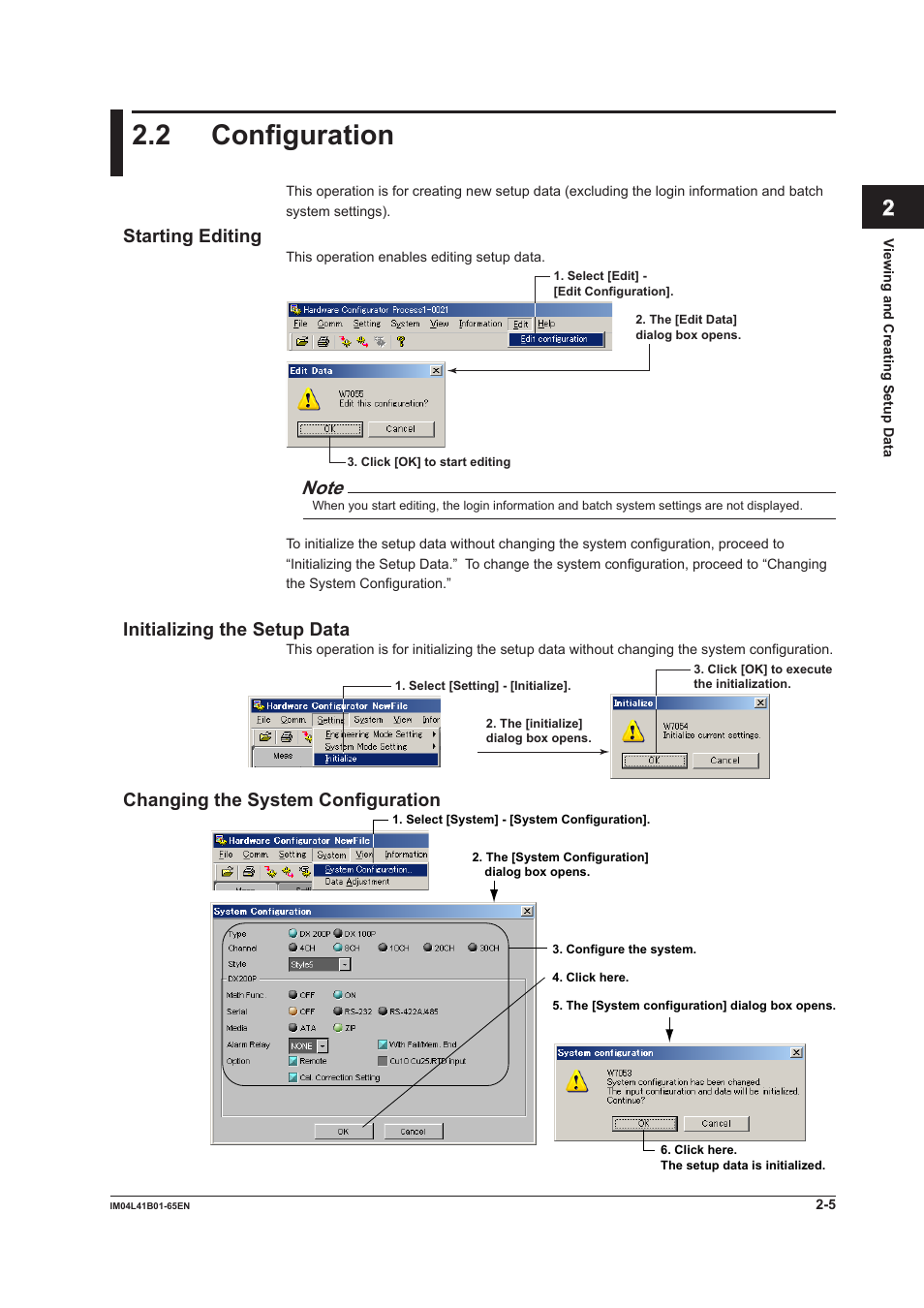 2 configuration, 2 configuration -5, Index | Starting editing, Initializing the setup data, Changing the system configuration | Yokogawa Data Acquisition with PID Control CX2000 User Manual | Page 17 / 55