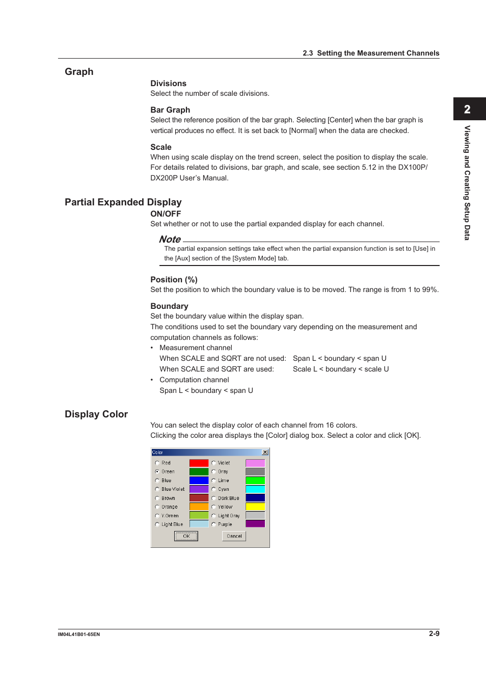 Graph, Partial expanded display, Display color | Yokogawa Data Acquisition with PID Control CX2000 User Manual | Page 21 / 55