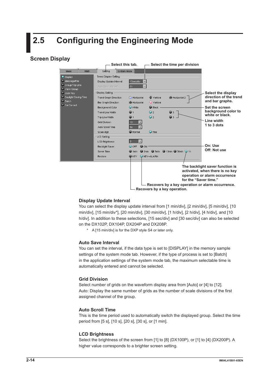 5 configuring the engineering mode, Screen display, 5 configuring the engineering mode -14 | Screen display -14 | Yokogawa Data Acquisition with PID Control CX2000 User Manual | Page 26 / 55