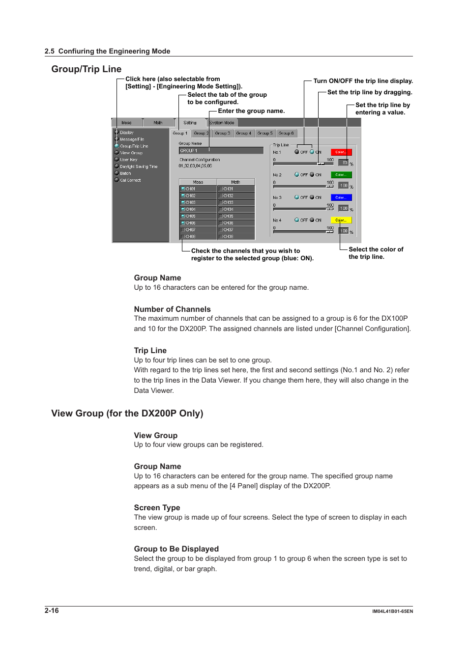 Group/trip line, View group (for the dx200p only) | Yokogawa Data Acquisition with PID Control CX2000 User Manual | Page 28 / 55