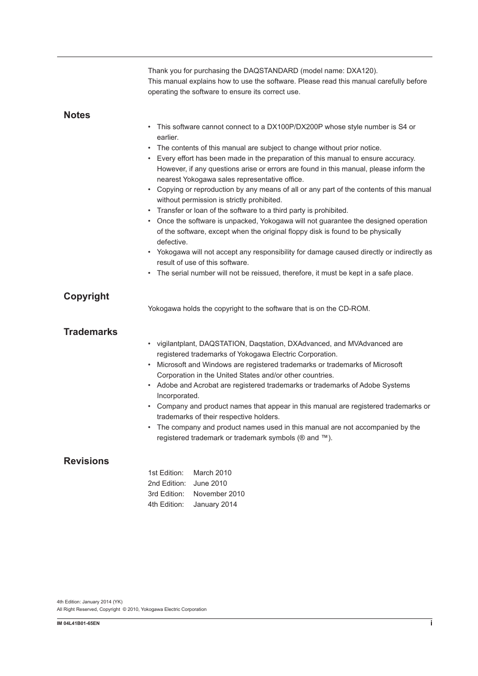 Copyright, Trademarks, Revisions | Yokogawa Data Acquisition with PID Control CX2000 User Manual | Page 3 / 55