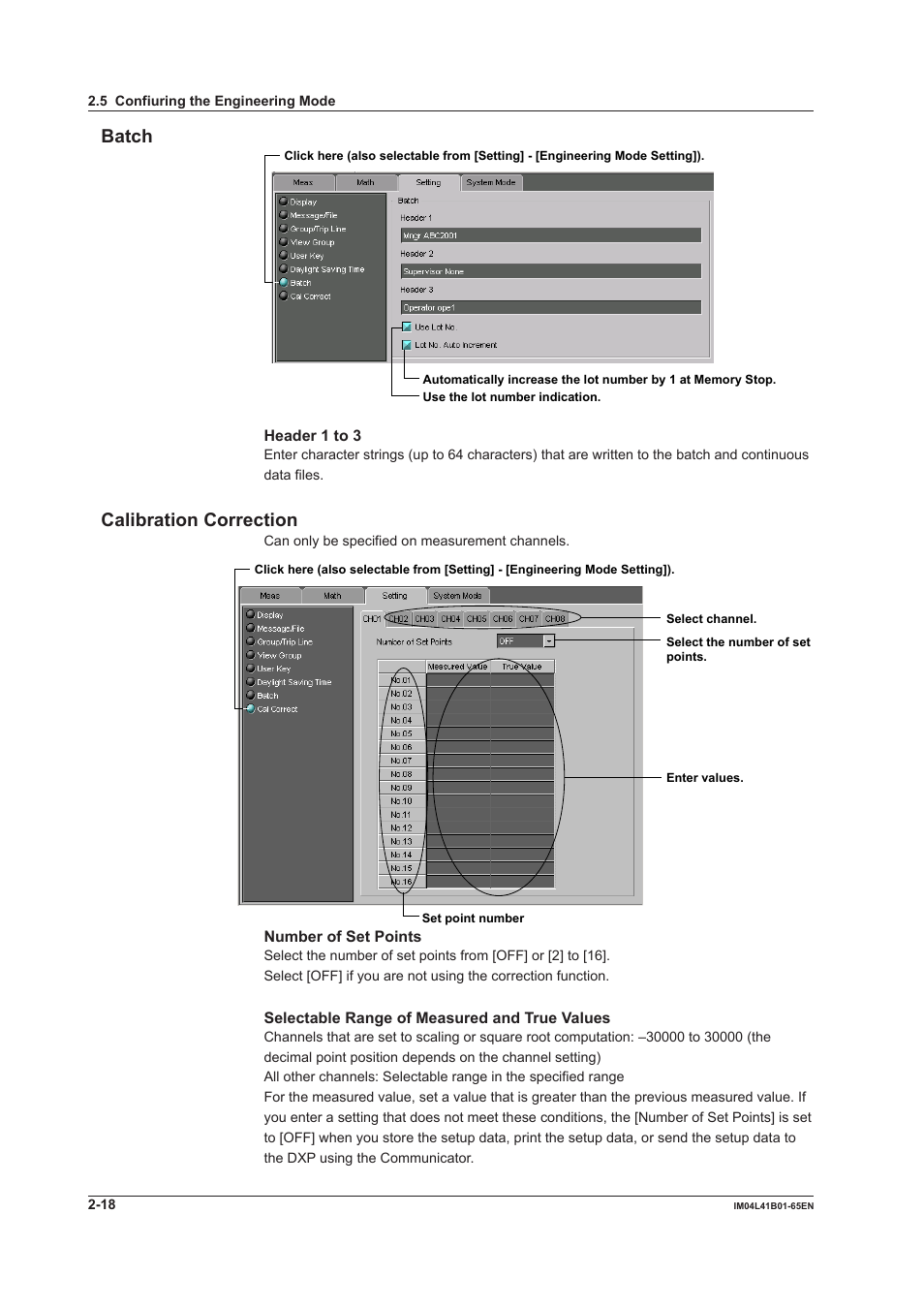 Batch, Calibration correction, Batch -18 calibration correction -18 | Yokogawa Data Acquisition with PID Control CX2000 User Manual | Page 30 / 55