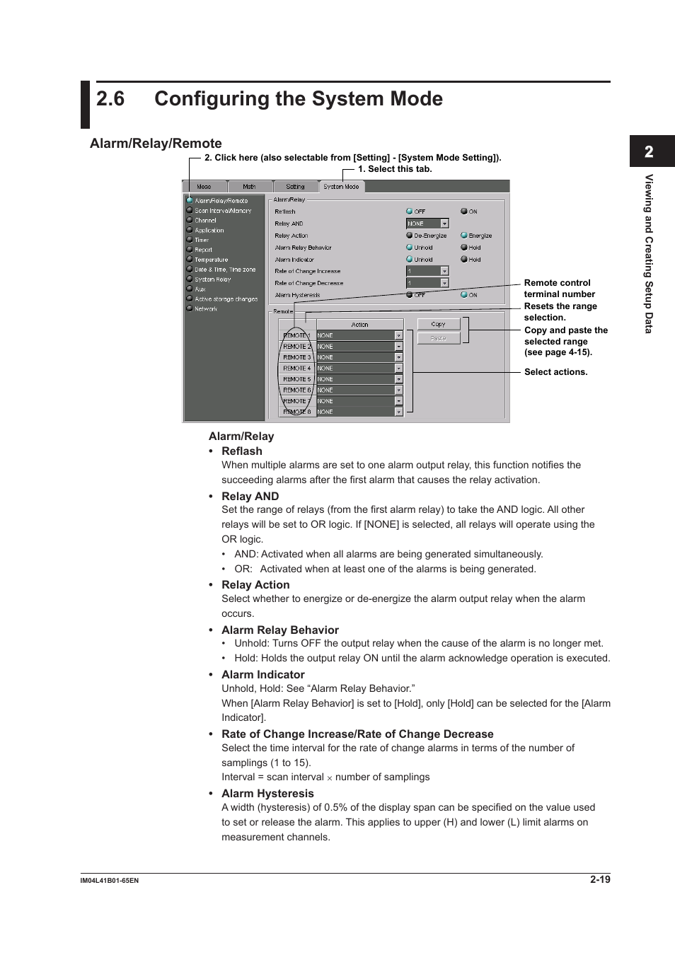 6 configuring the system mode, Alarm/relay/remote, 6 configuring the system mode -19 | Alarm/relay/remote -19, Index | Yokogawa Data Acquisition with PID Control CX2000 User Manual | Page 31 / 55