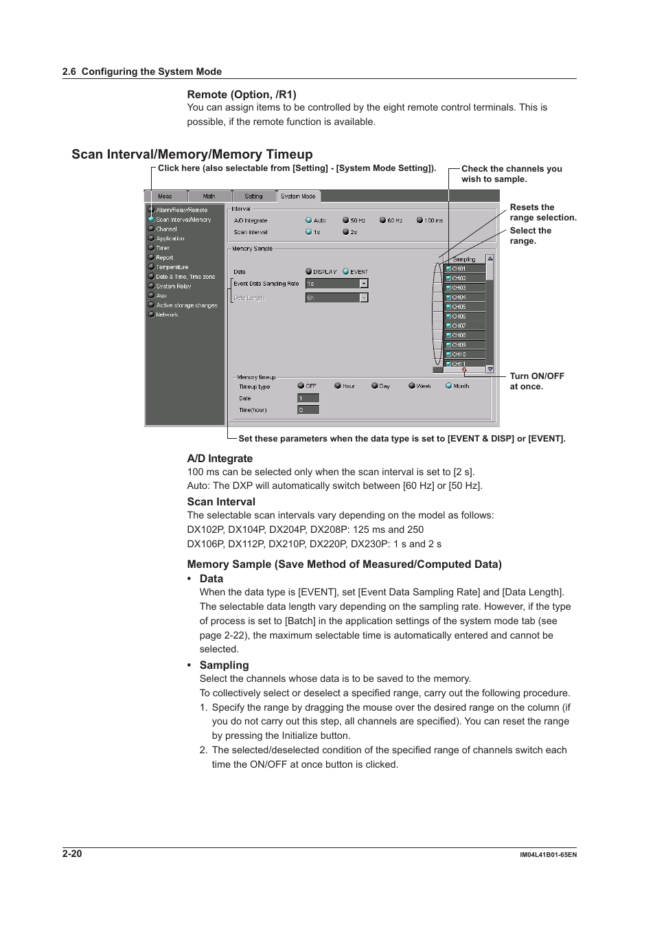 Scan interval/memory/memory timeup, Scan interval/memory/memory timeup -20 | Yokogawa Data Acquisition with PID Control CX2000 User Manual | Page 32 / 55
