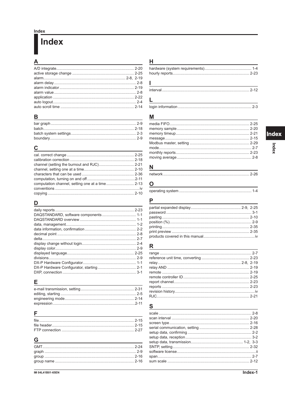 Index | Yokogawa Data Acquisition with PID Control CX2000 User Manual | Page 54 / 55