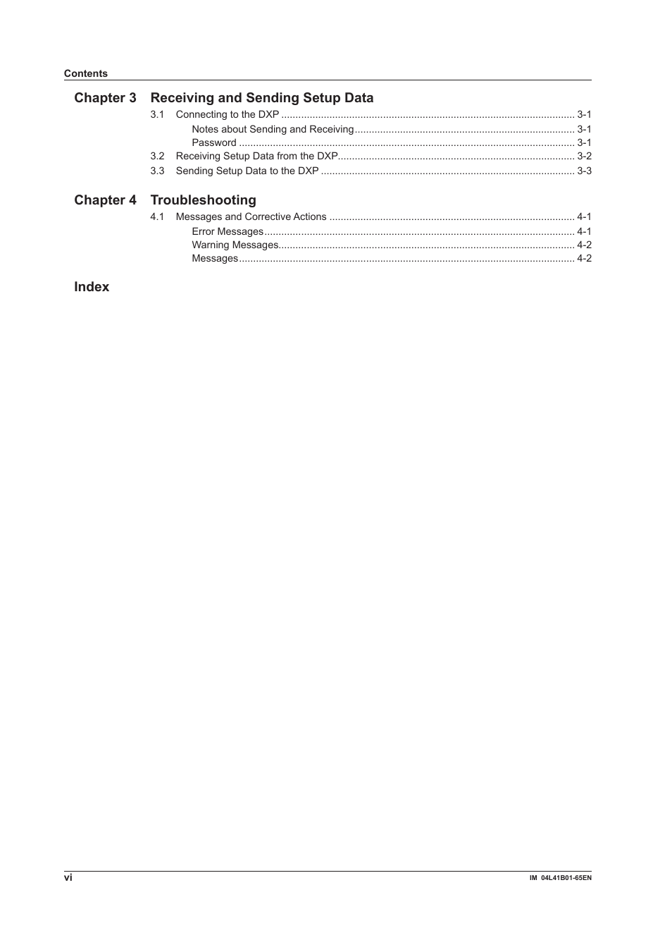 Chapter 3 receiving and sending setup data, Chapter 4 troubleshooting, Index | Yokogawa Data Acquisition with PID Control CX2000 User Manual | Page 8 / 55