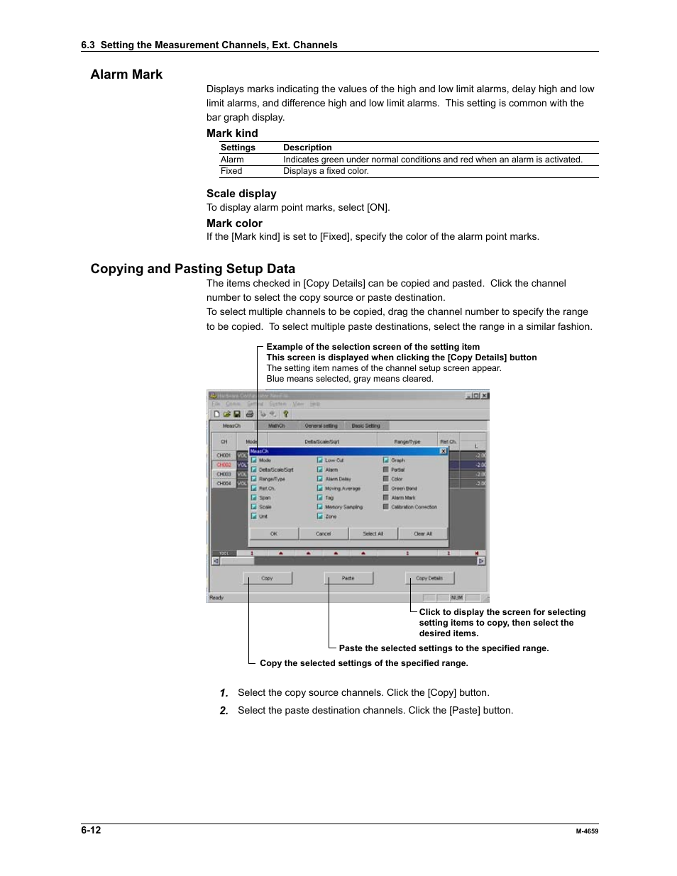 Alarm mark, Copying and pasting setup data | Yokogawa Data Acquisition with PID Control CX2000 User Manual | Page 127 / 286