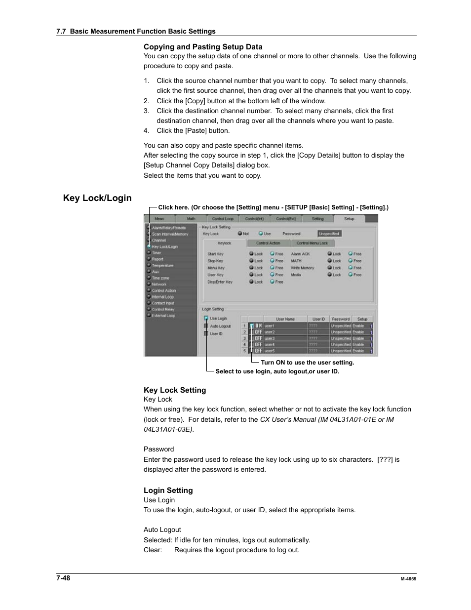 Key lock/login | Yokogawa Data Acquisition with PID Control CX2000 User Manual | Page 222 / 286