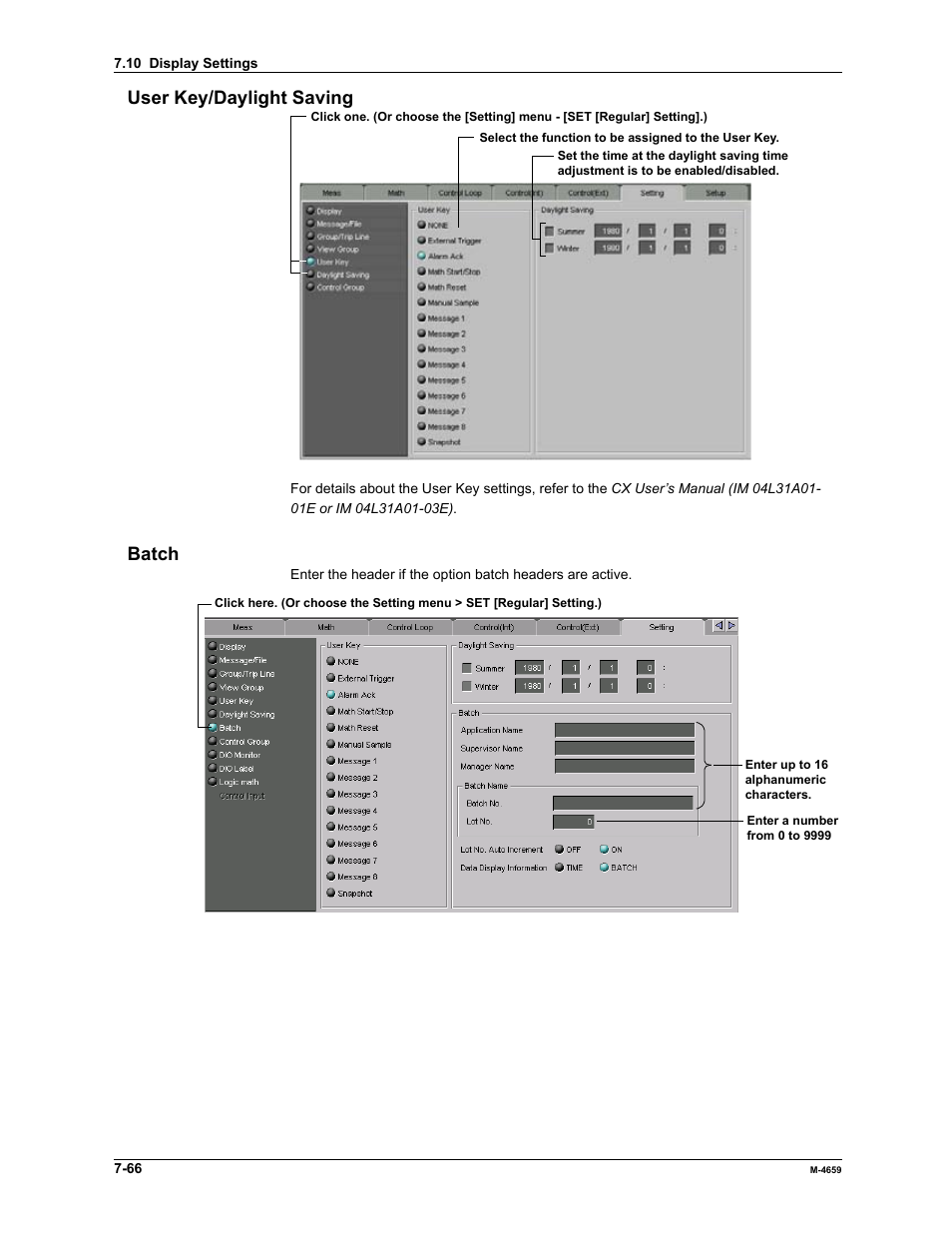 User key/daylight saving, Batch | Yokogawa Data Acquisition with PID Control CX2000 User Manual | Page 240 / 286