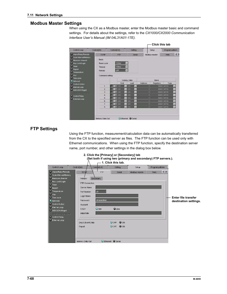 Modbus master settings, Ftp settings | Yokogawa Data Acquisition with PID Control CX2000 User Manual | Page 242 / 286