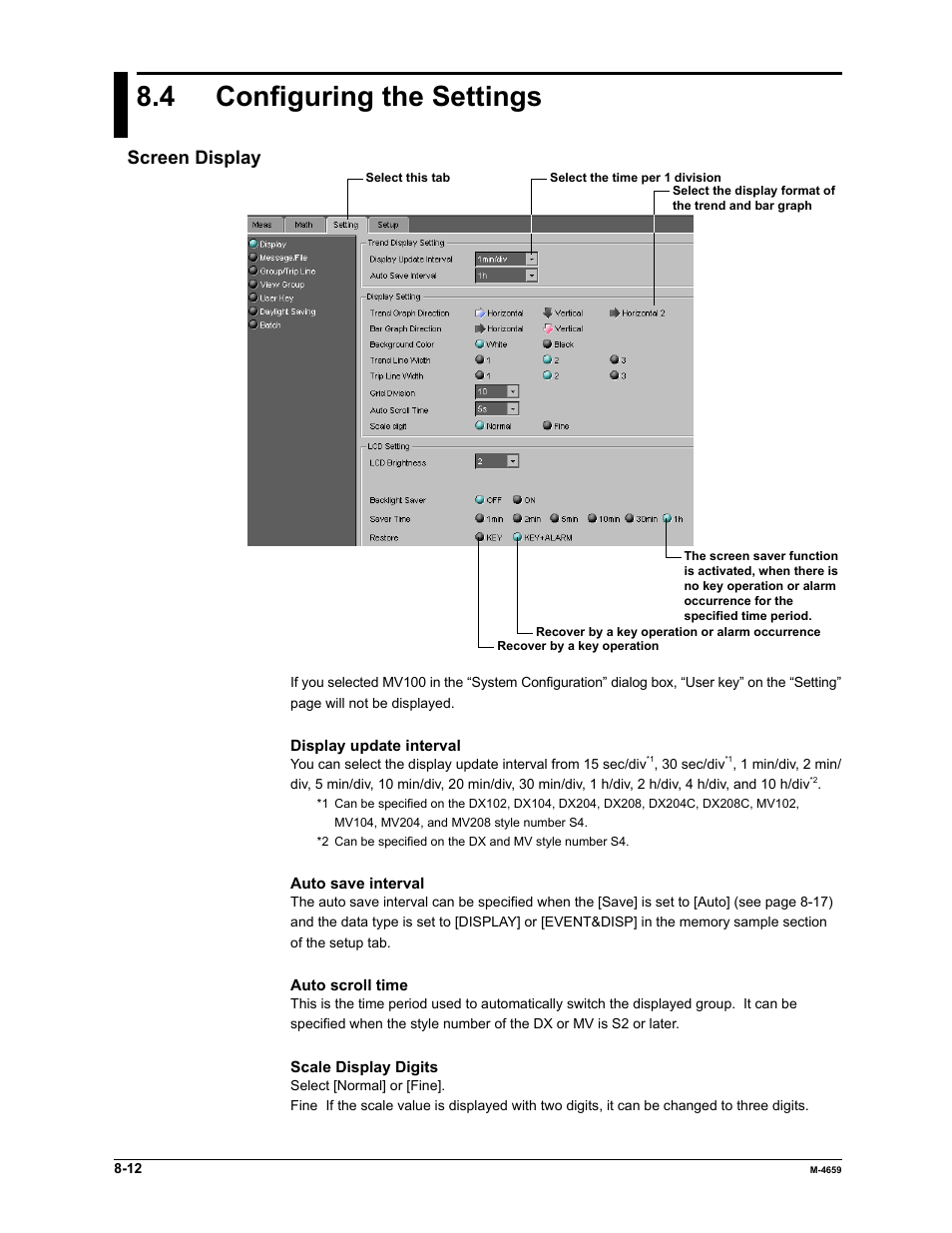 4 configuring the settings, Screen display | Yokogawa Data Acquisition with PID Control CX2000 User Manual | Page 262 / 286