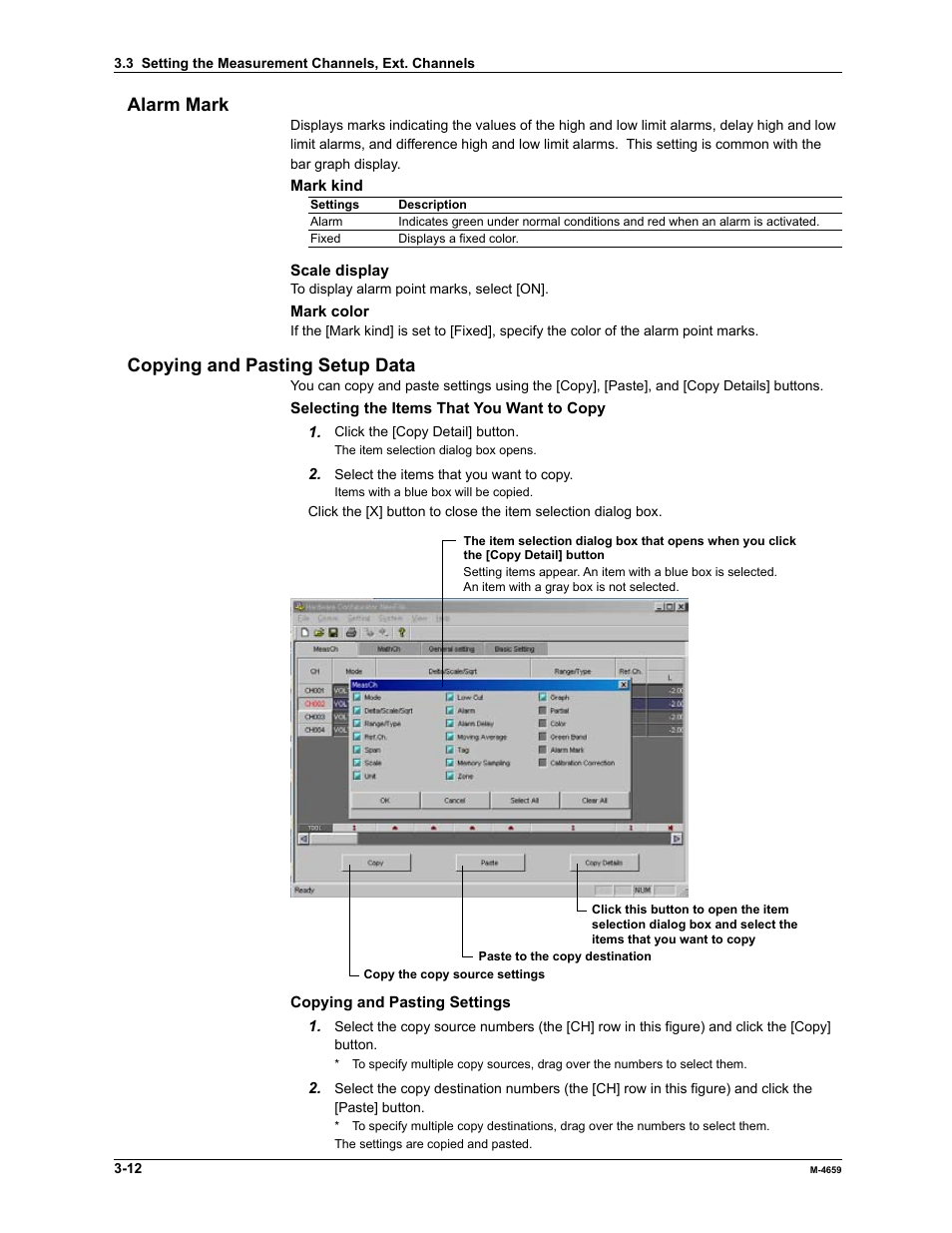 Alarm mark, Copying and pasting setup data | Yokogawa Data Acquisition with PID Control CX2000 User Manual | Page 28 / 286