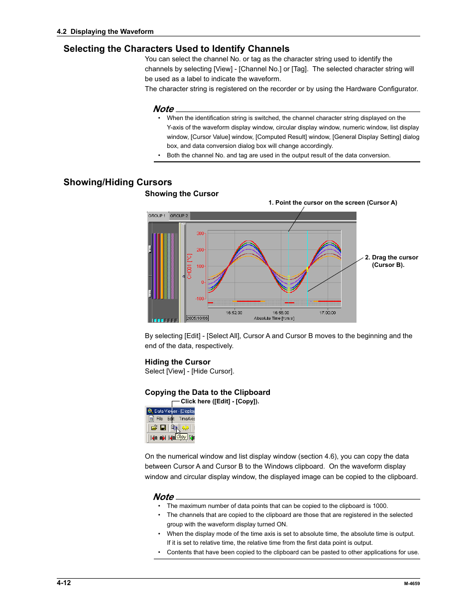 Selecting the characters used to identify channels, Showing/hiding cursors | Yokogawa Data Acquisition with PID Control CX2000 User Manual | Page 84 / 286