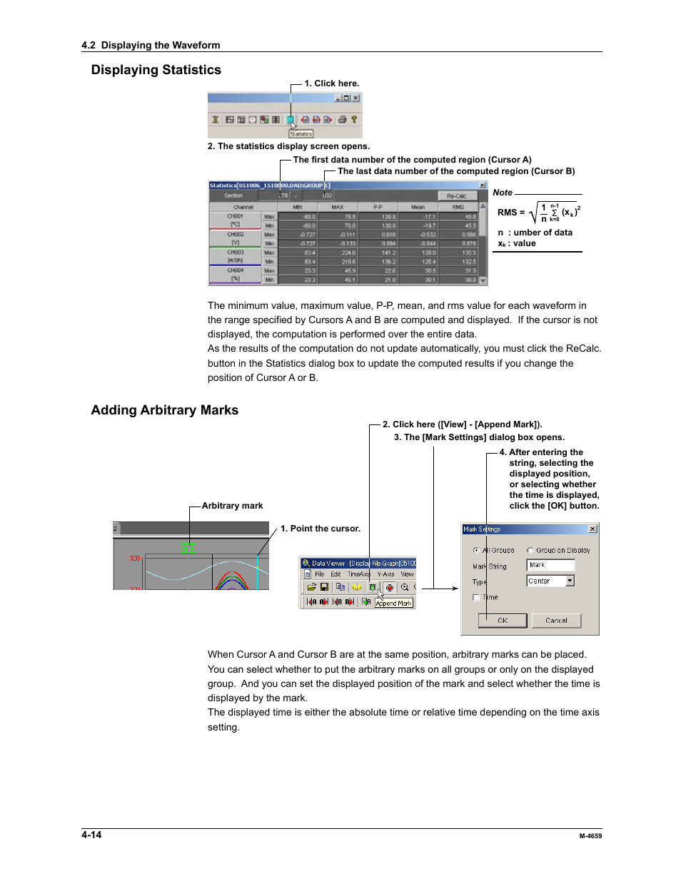 Displaying statistics, Adding arbitrary marks | Yokogawa Data Acquisition with PID Control CX2000 User Manual | Page 86 / 286