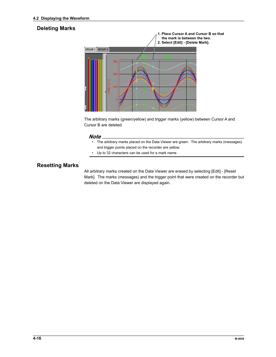 Deleting marks, Resetting marks | Yokogawa Data Acquisition with PID Control CX2000 User Manual | Page 88 / 286