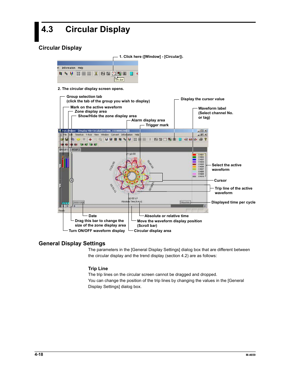 3 circular display, Circular display, General display settings | Yokogawa Data Acquisition with PID Control CX2000 User Manual | Page 90 / 286