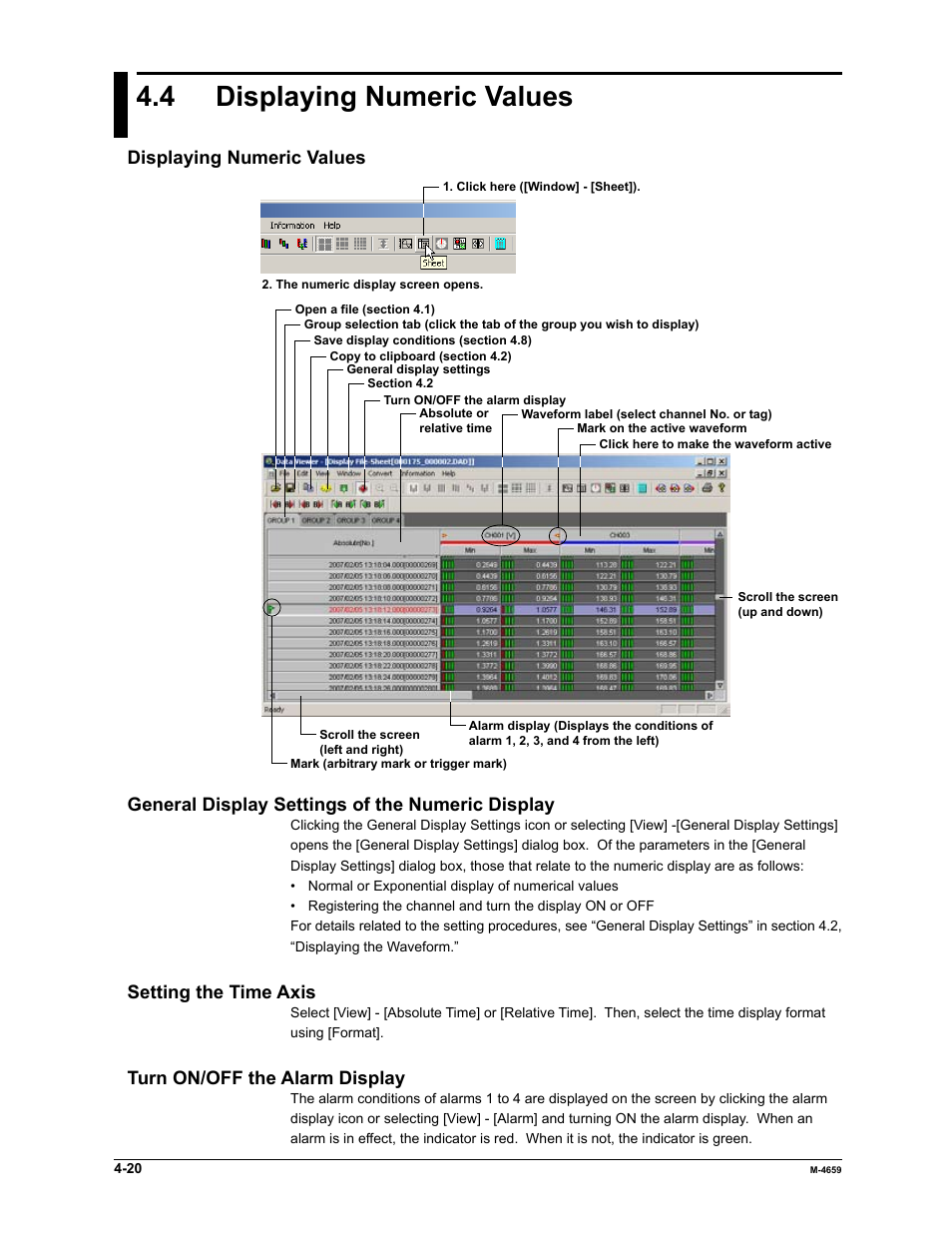 4 displaying numeric values, Displaying numeric values, General display settings of the numeric display | Setting the time axis, Turn on/off the alarm display | Yokogawa Data Acquisition with PID Control CX2000 User Manual | Page 92 / 286