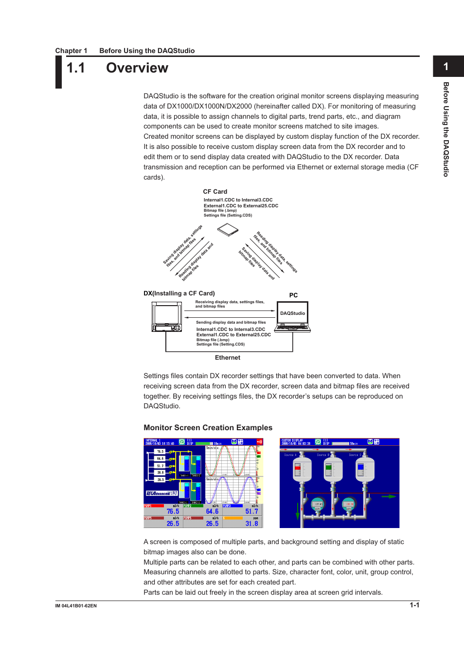 Chapter 1 before using the daqstudio, 1 overview, 1 overview -1 | Index, Monitor screen creation examples | Yokogawa Button Operated DX2000 User Manual | Page 10 / 145