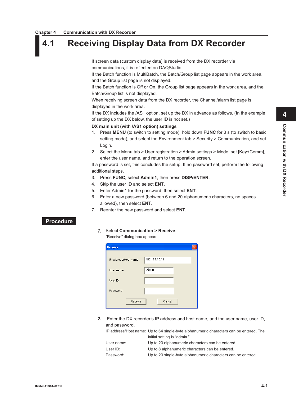 Chapter 4 communication with dx recorder, 1 receiving display data from dx recorder, 1 receiving display data from dx recorder -1 | Index | Yokogawa Button Operated DX2000 User Manual | Page 134 / 145